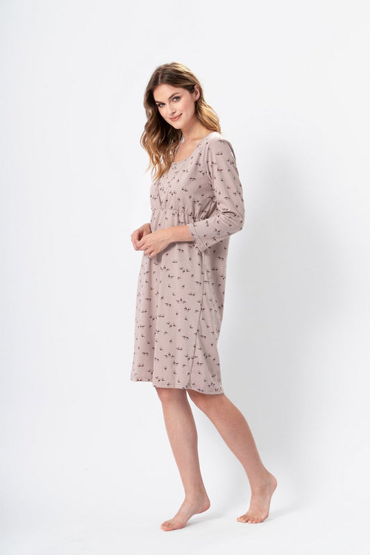M-Max elegant nursing nightgown in soft breathable fabric, featuring practical 7/8 sleeves and a subtle colour, designed for breastfeeding comfort.
