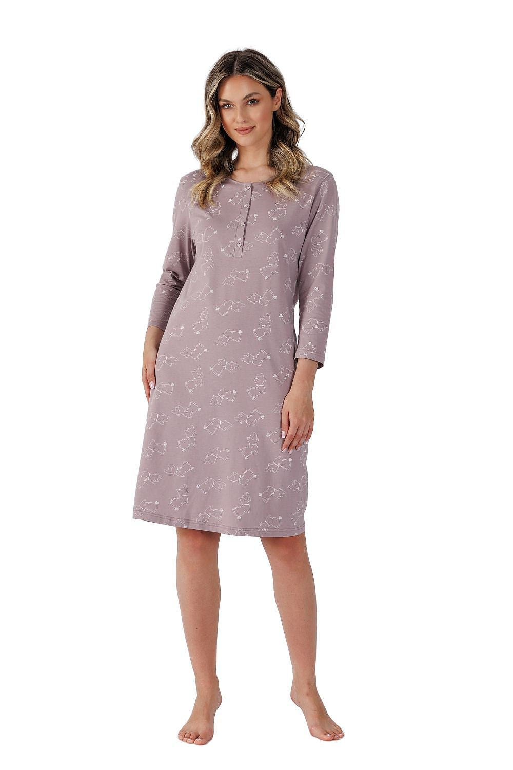 Luxurious knee-length nightshirt by M-Max made from soft cotton, features elegant semi-circular neckline and 7/8 sleeves, perfect for a calming night of relaxation.
