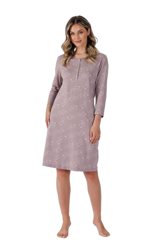 Luxurious knee-length nightshirt by M-Max made from soft cotton, features elegant semi-circular neckline and 7/8 sleeves, perfect for a calming night of relaxation.