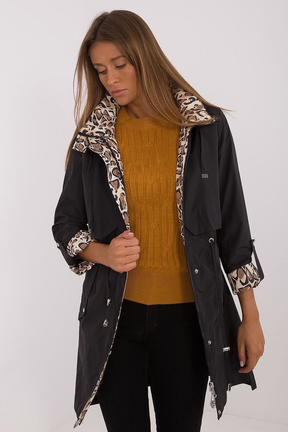 Luxury women's transitional jacket by MBM featuring stylish animal motif lining, perfect for autumn and winter fashion, with a detachable hood.
