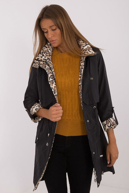 Luxury women's transitional jacket by MBM featuring stylish animal motif lining, perfect for autumn and winter fashion, with a detachable hood.