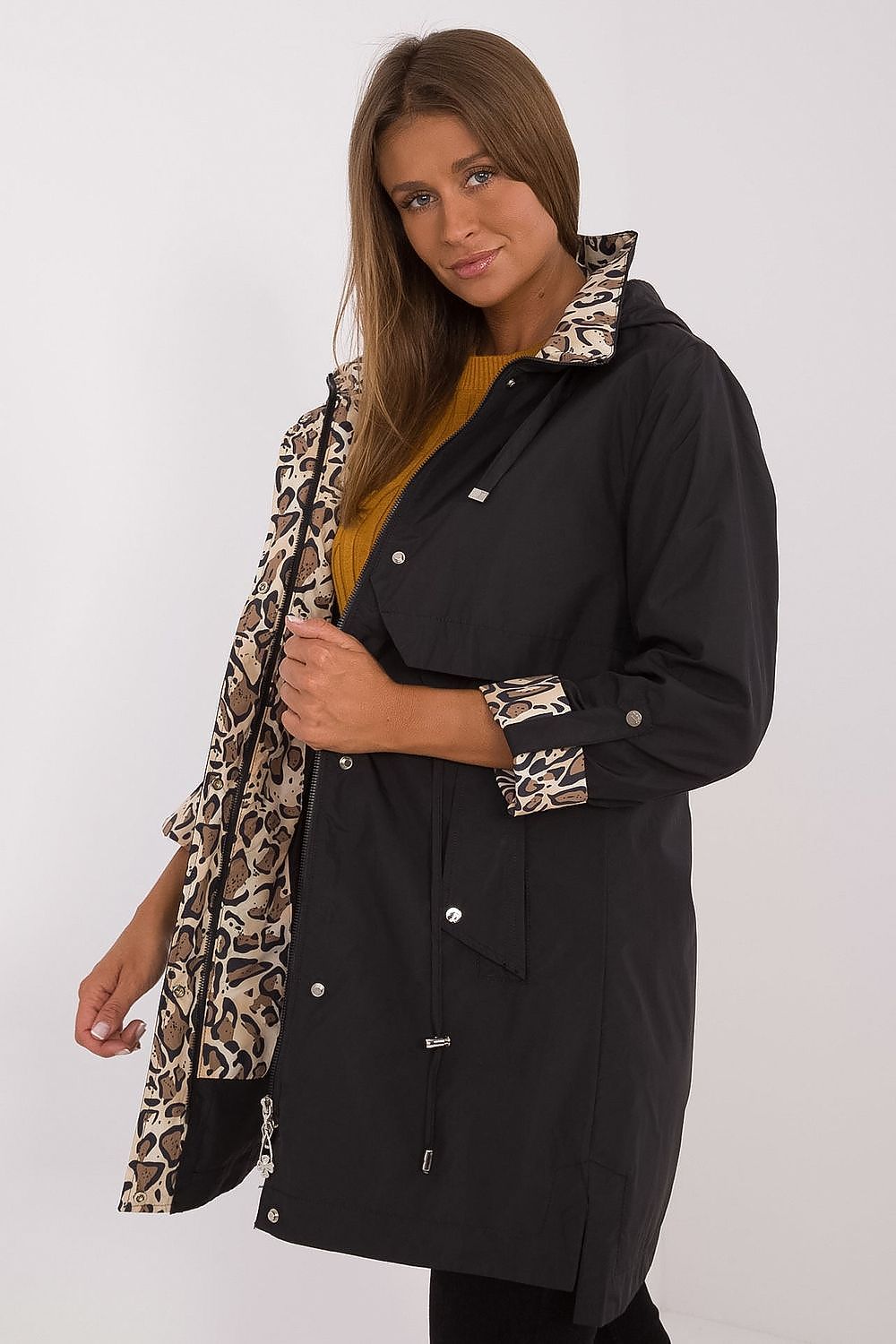 Luxury Women's Transitional Jacket by MBM featuring stylish animal motif lining and detachable hood, perfect for autumn fashion.
