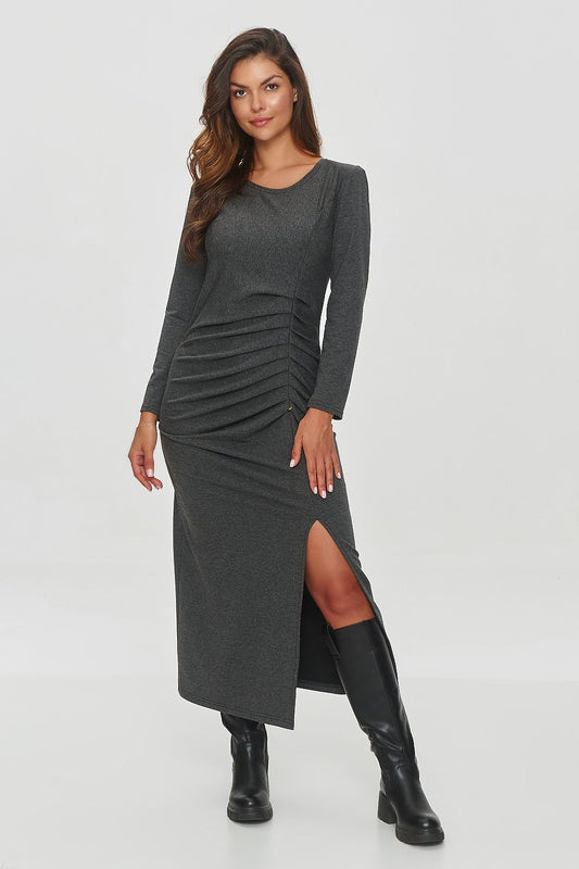 Elegant Mid-Calf Day Dress by Makadamia featuring a sleek fitted silhouette and sophisticated gathering details, perfect for stylish occasions.