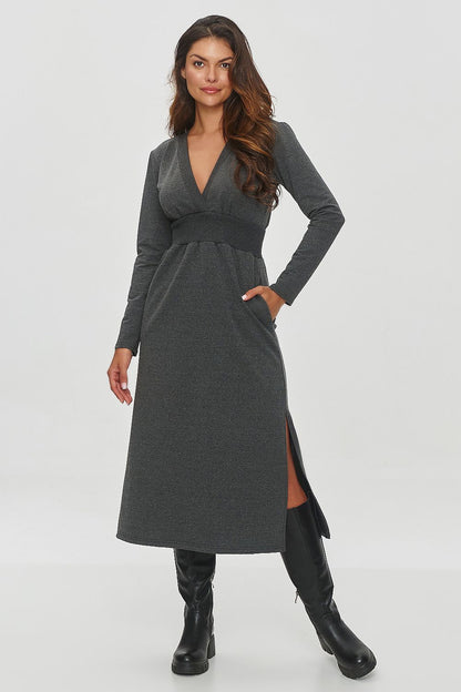 Elegant Midi Sweatshirt Dress by Makadamia showcasing its wrap neckline and flared skirt, perfect for a luxurious autumn look.