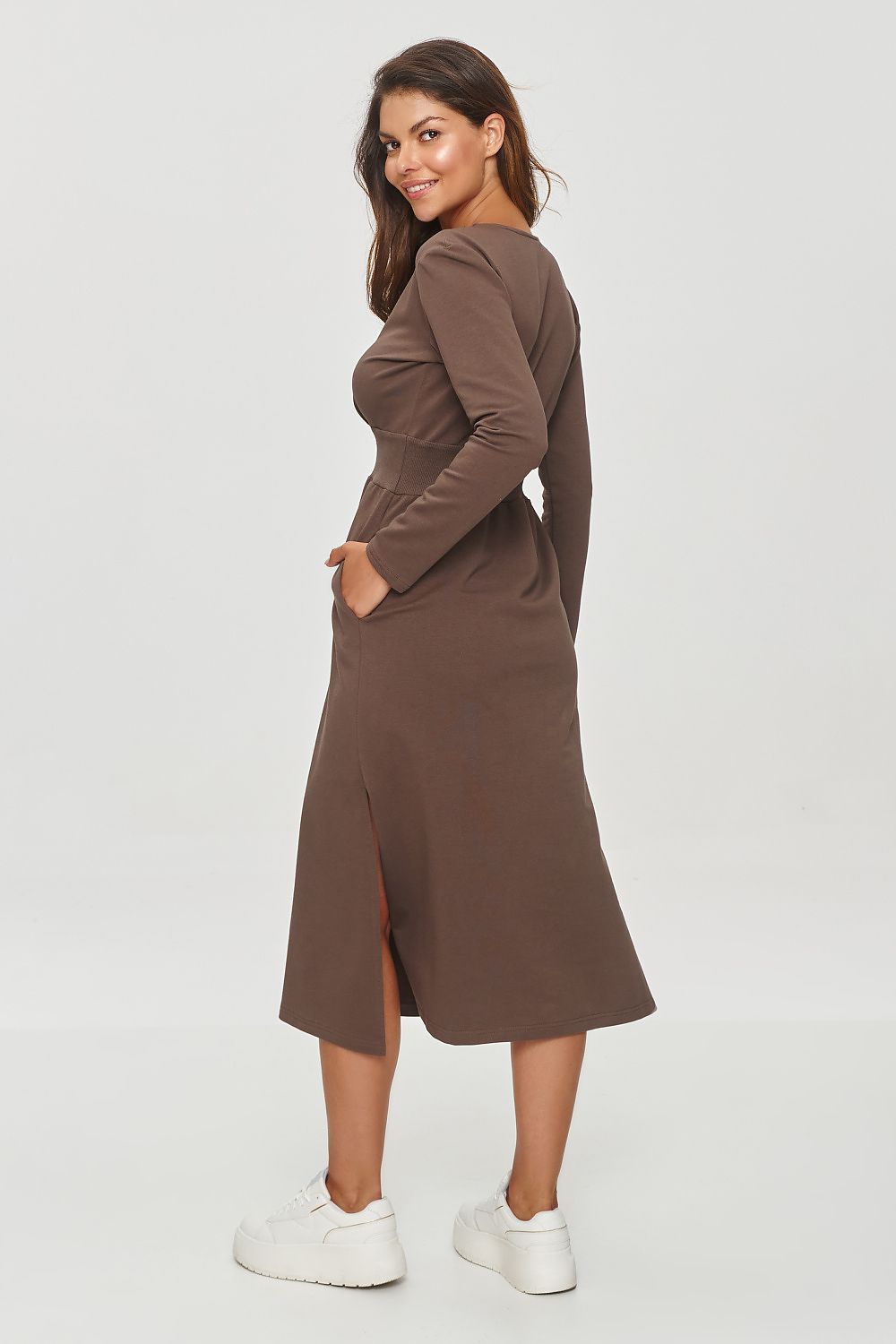 Elegant Midi Sweatshirt Dress by Makadamia Featuring a Luxurious Wrap Neckline and Flared Skirt