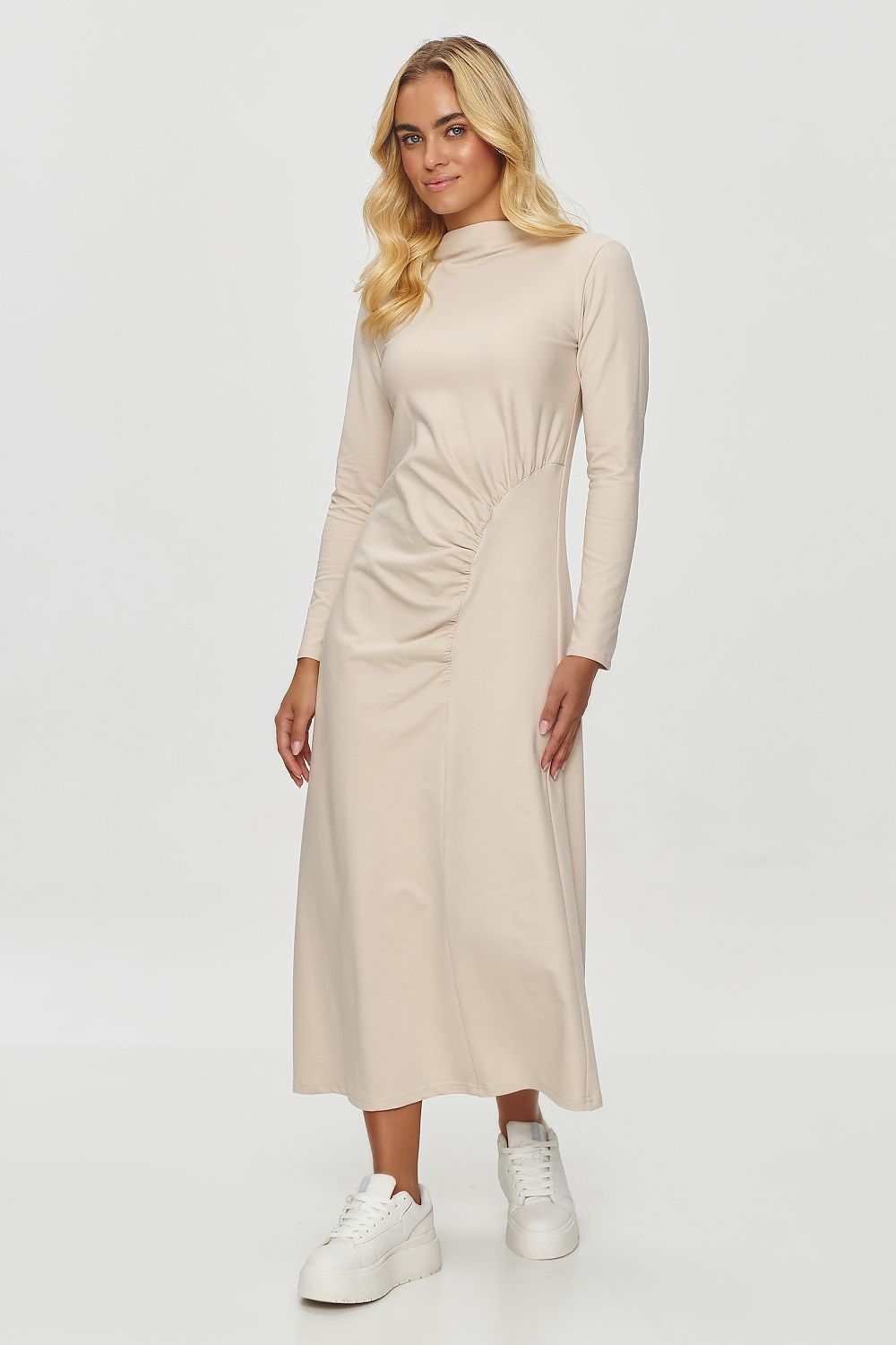 Elegant draped midi dress in neutral tones by Makadamia, featuring a subtle gathered waist detail and sophisticated long sleeves, perfect for any occasion.