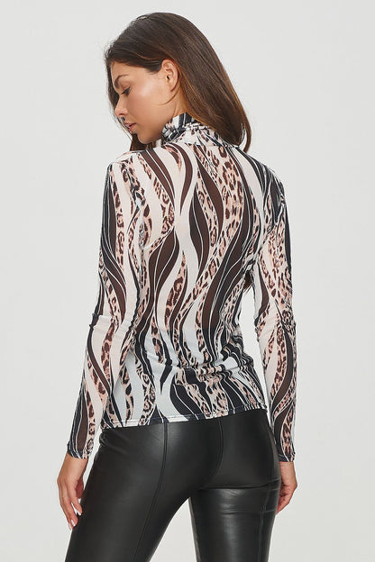 Elegant printed blouse by Makadamia featuring a high gathered turtleneck and fitted silhouette, perfect for sophisticated styling.
