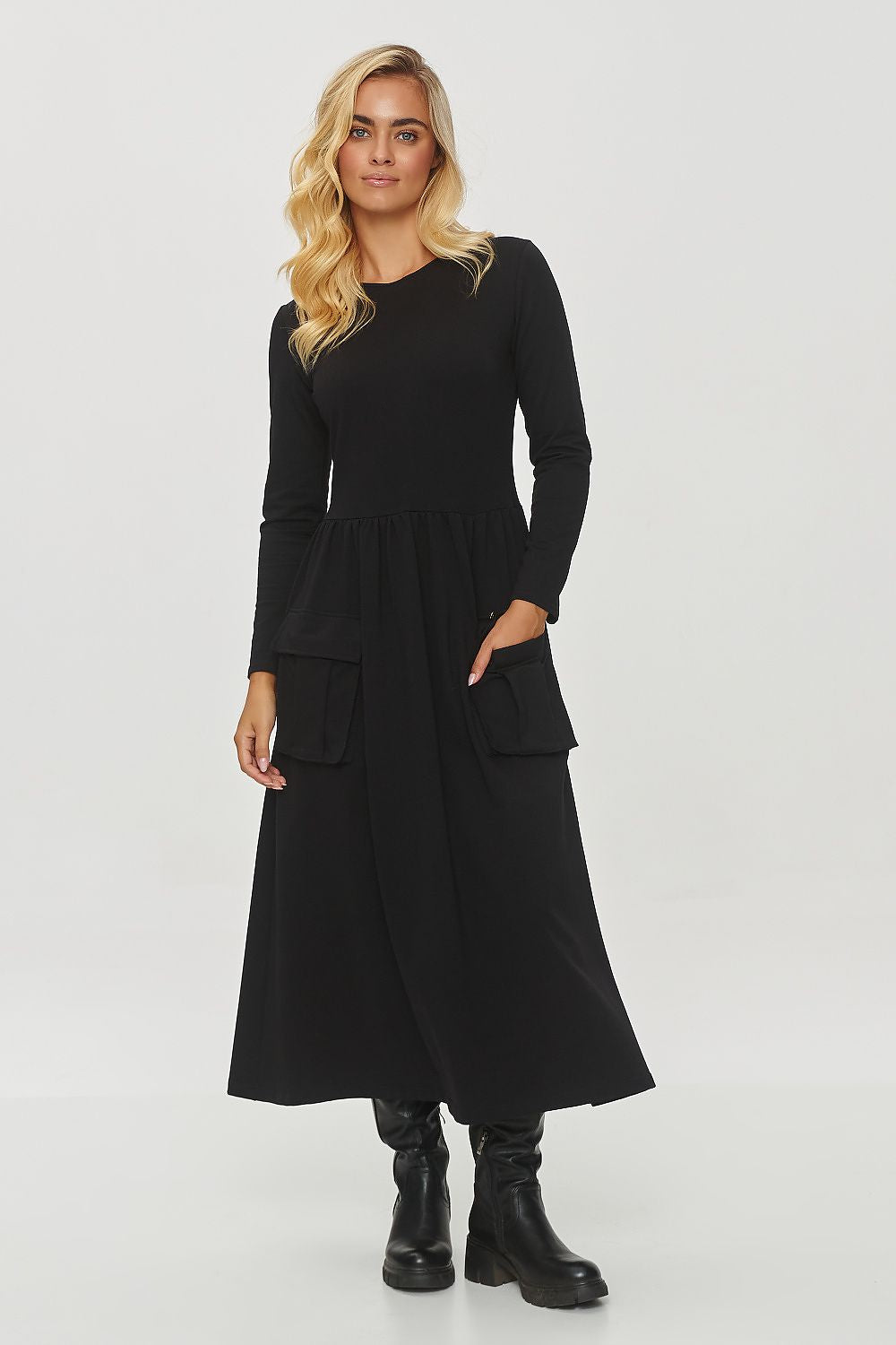 Elegant midi flared dress with pockets and gold accents by Makadamia, showcasing a classic feminine silhouette and soft fabric, perfect for stylish everyday wear.