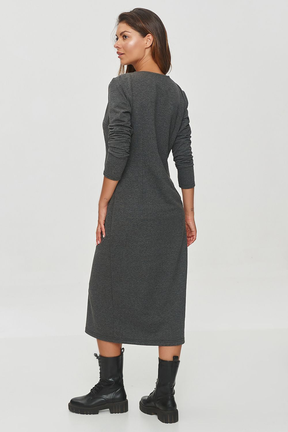 Luxurious Makadamia Cotton Spandex Sweatshirt Dress with long sleeves and a flattering V-neckline, perfect for both casual and formal occasions.