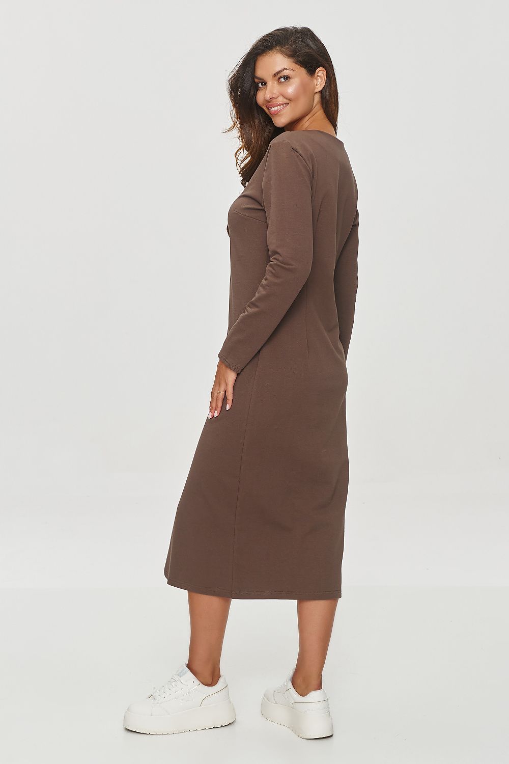 Elegant Makadamia Cotton Spandex V-Neck Sweatshirt Dress featuring a sophisticated mid-calf length and stylish slit, perfect for luxurious everyday wear.