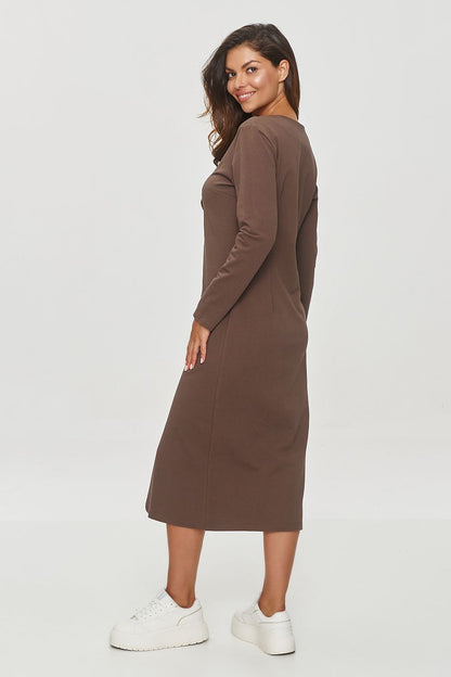 Elegant Makadamia Cotton Spandex V-Neck Sweatshirt Dress featuring a sophisticated mid-calf length and stylish slit, perfect for luxurious everyday wear.