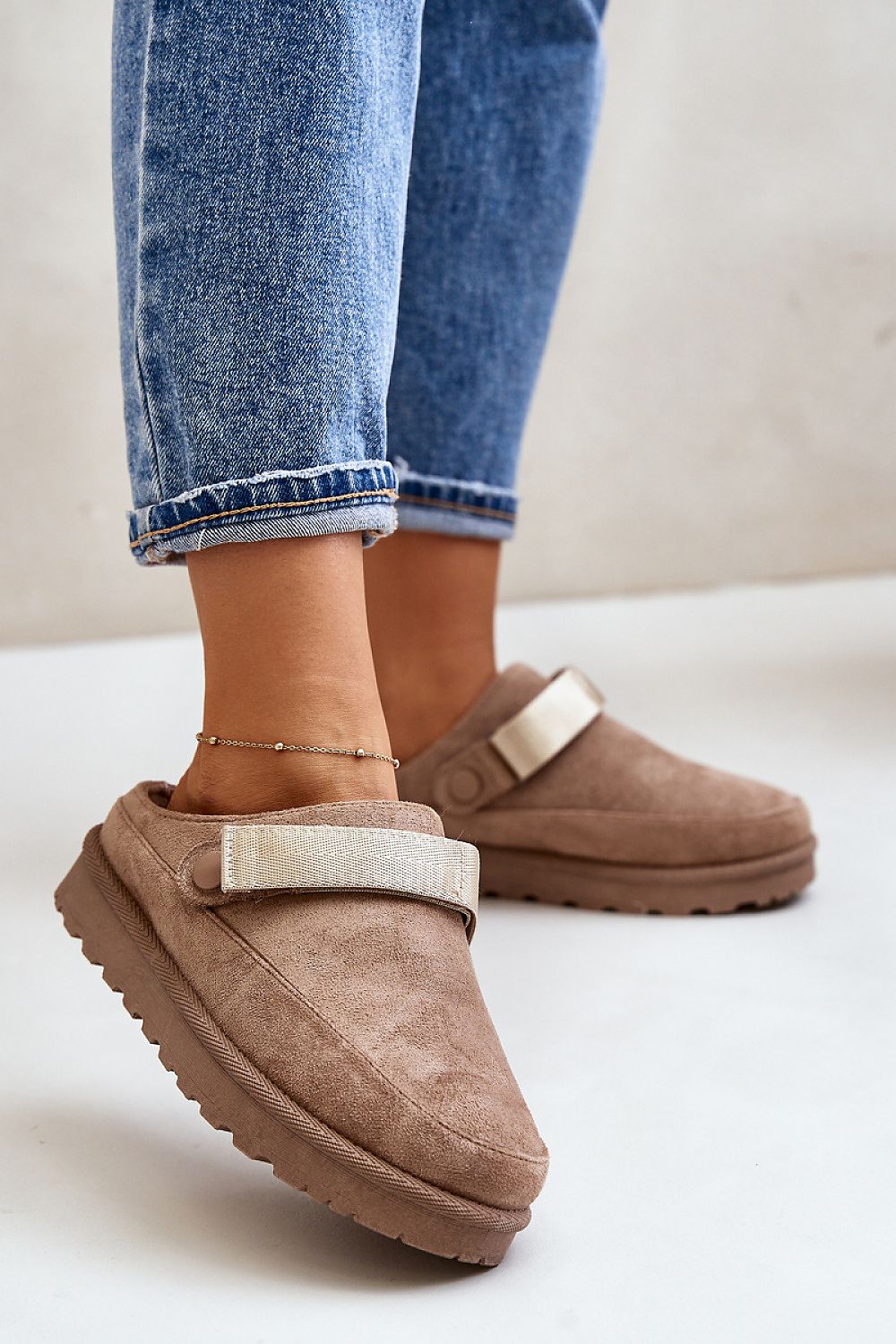 Luxurious Women's Eco Suede Slippers by Step in Style, featuring a removable Velcro strap and sumptuous fur lining, designed for comfort and style with a 4 cm platform height.