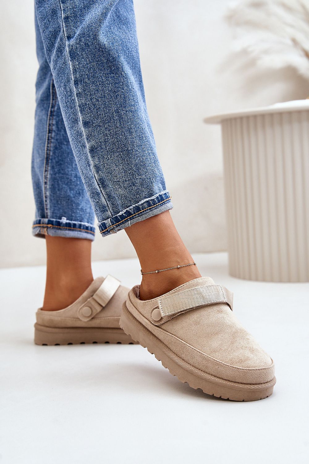 Chic women's eco suede slippers with a removable Velcro strap by Step in Style, combining practicality and elegance for everyday wear.