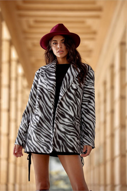 Luxury Luna Zebra Pattern Blazer by Roco Fashion showcased in stylish oversized fit with flattering flap pockets and elegant lining.