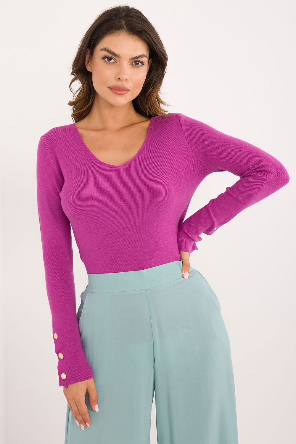 Back view of the Elegant Women's Casual Sweater by AT with long sleeves adorned with decorative buttons, exemplifying sophistication for work and leisure.