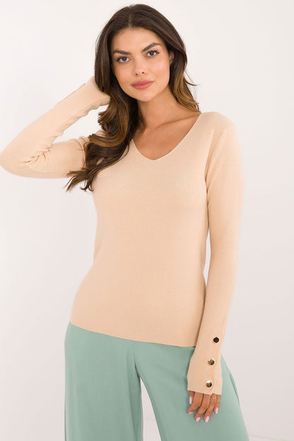 Elegant women's casual sweater by AT, featuring a V-neckline and decorative buttons, perfect for versatile office wear.