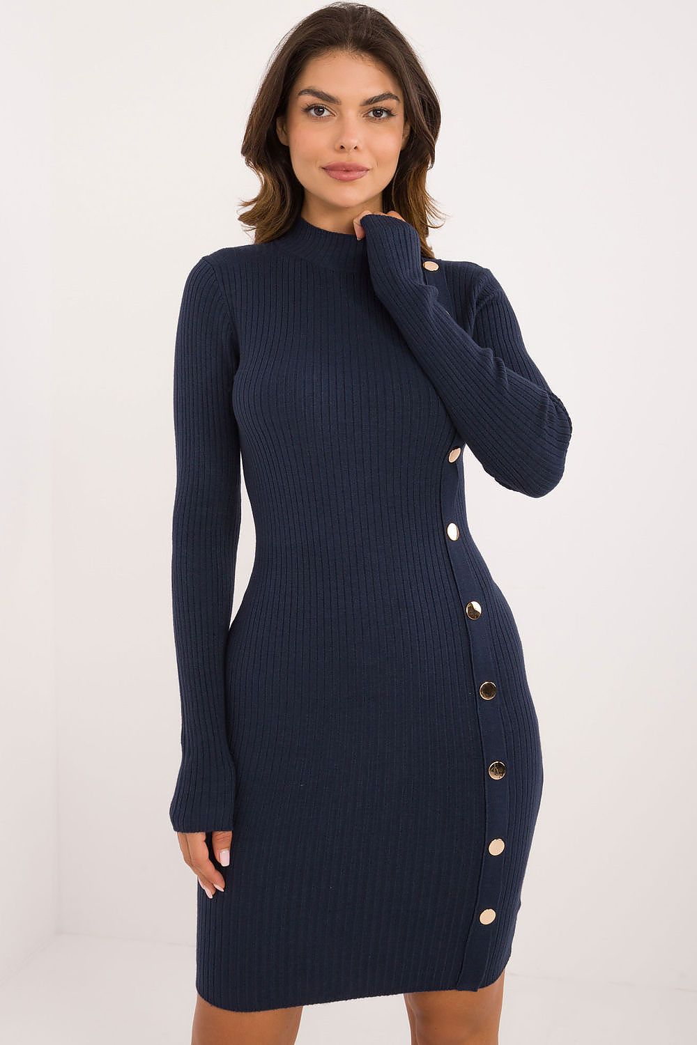 Elegant knitted pencil dress with turtleneck by AT, featuring decorative buttons and ribbed material, ideal for work and everyday wear.