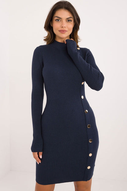 Elegant knitted pencil dress with turtleneck by AT, featuring decorative buttons and ribbed material, ideal for work and everyday wear.