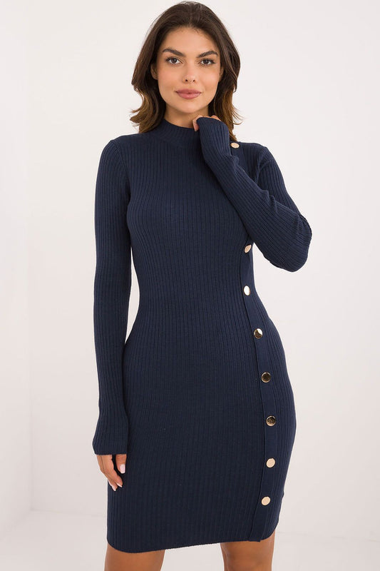 Elegant knitted pencil dress with turtleneck by AT, featuring decorative buttons and ribbed material, ideal for work and everyday wear.