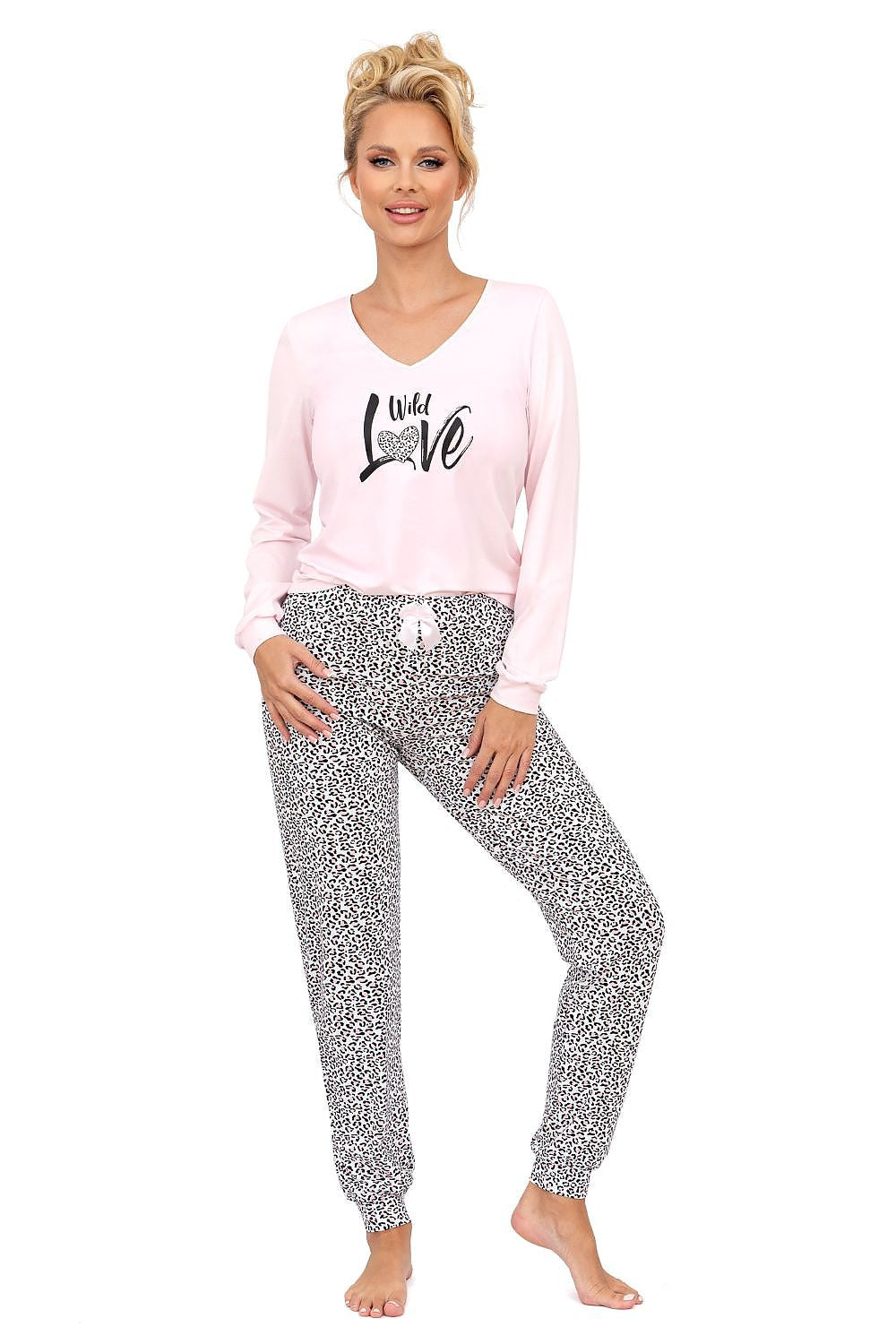 Elegant Women's Cotton Pyjamas Set by Donna featuring a stylish V-neck blouse with long sleeves and comfortable long pants, perfect for luxurious homewear.