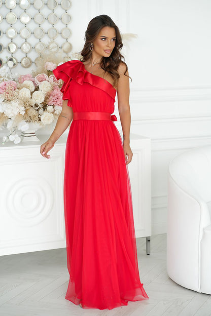 Elegant long dress by Bicotone with high slit and satin ruffle, designed for femininity and comfort in luxurious style.