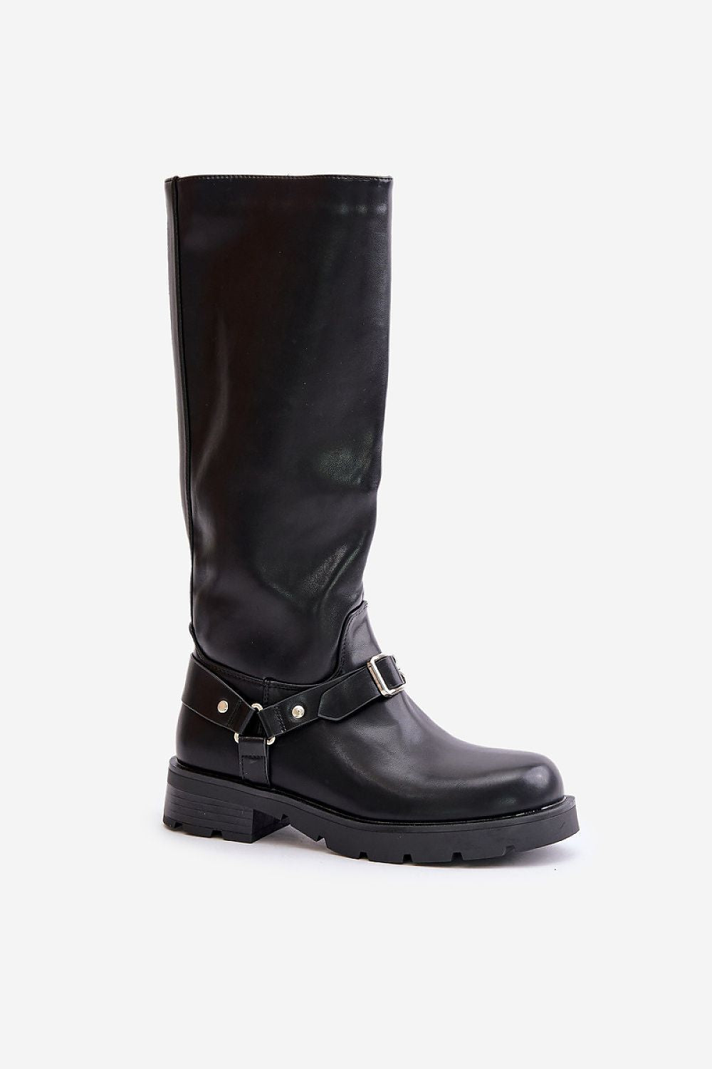 Smooth eco leather upper of 37cm thigh-high boots by Step in Style, designed with an elegant rounded toe and stylish buckle accents.