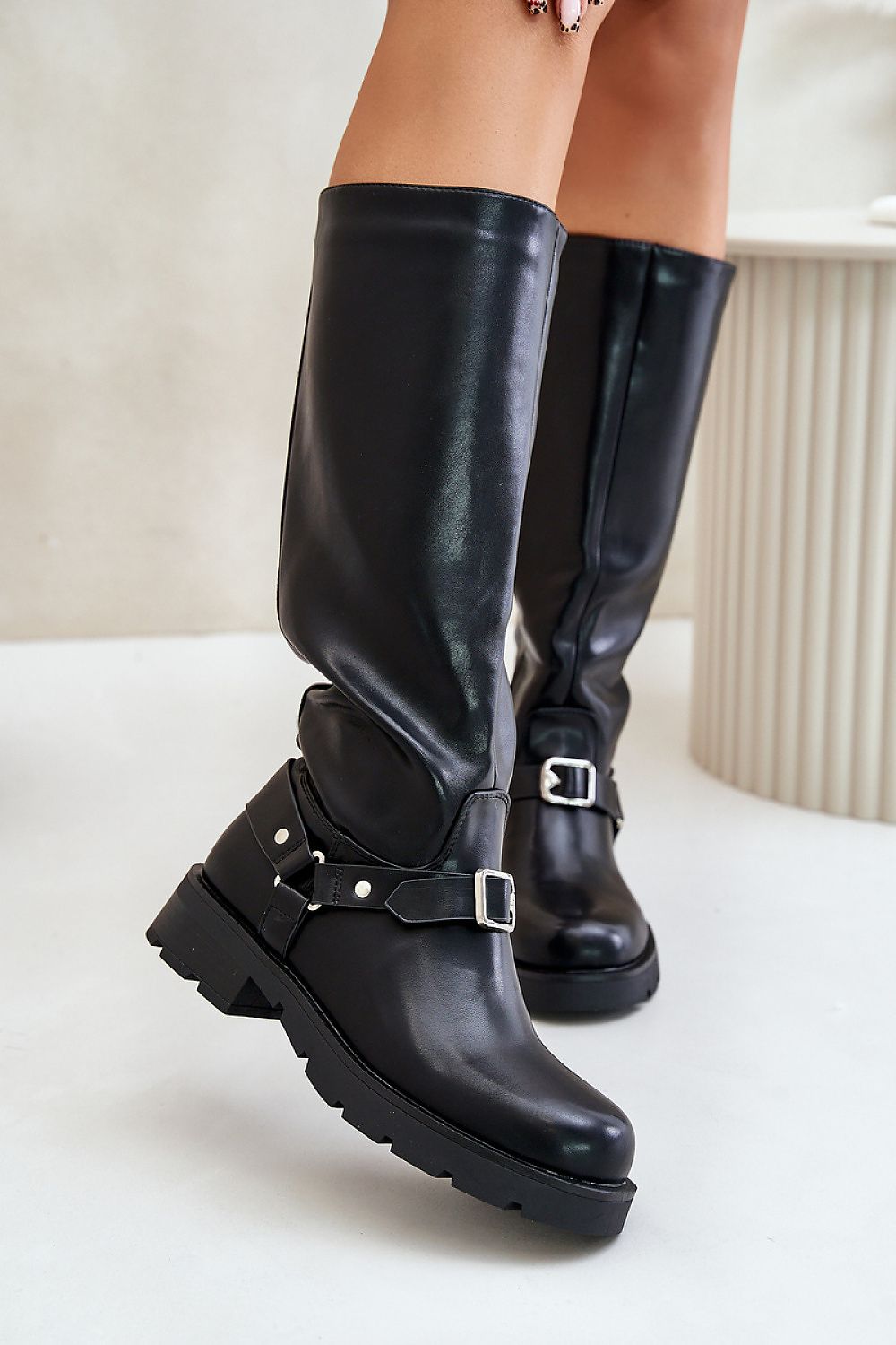 Comfortable flat-heeled 37cm thigh-high eco leather boots by Step in Style, showcasing exquisite craftsmanship and a fashionable zip fastening.