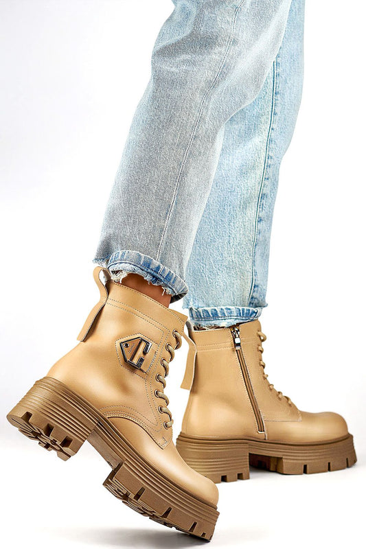 Chic beige women's boots with 6 cm heel by PRIMO, crafted from high-quality natural leather, perfect for autumn and winter fashion.