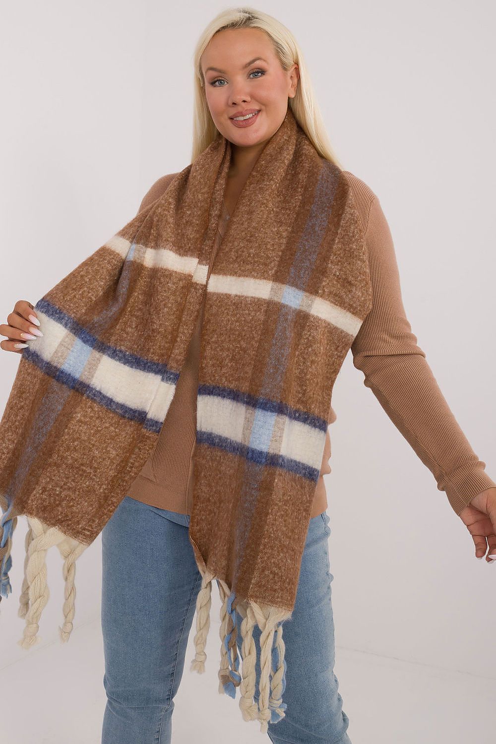 Elegant 180cm long check pattern polyester scarf with luxurious tassels by AT for winter warmth.