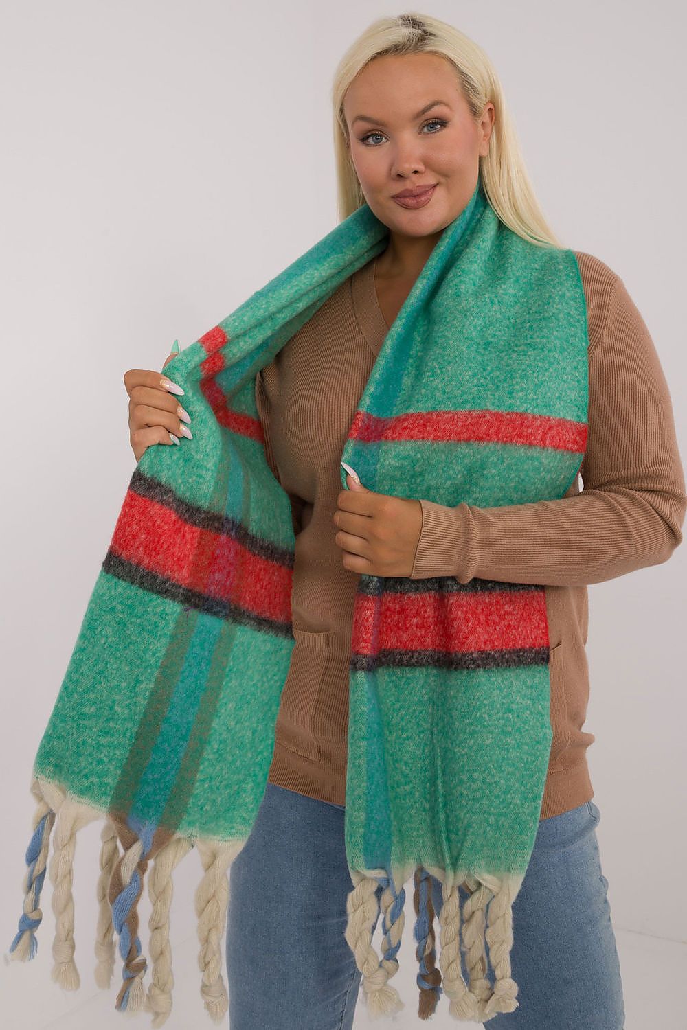 Fashionable check pattern scarf made of soft polyester with decorative tassels, designed by AT for luxurious winter style.
