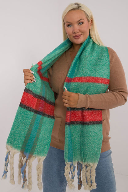 Fashionable check pattern scarf made of soft polyester with decorative tassels, designed by AT for luxurious winter style.