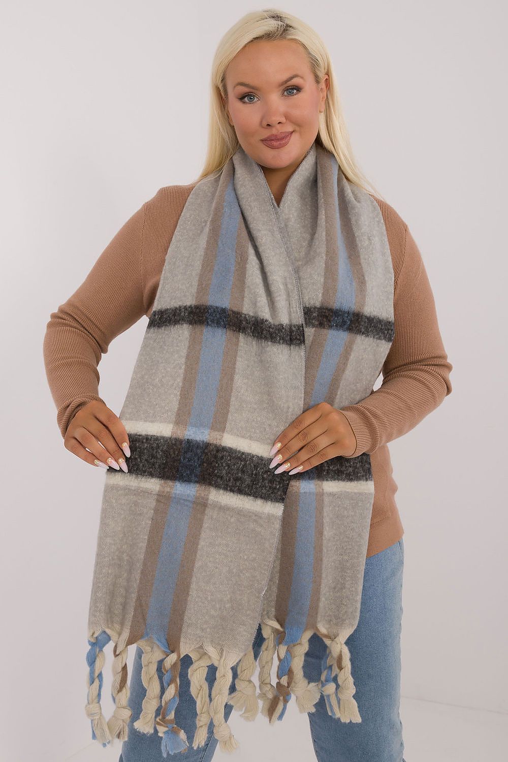AT's elegant polyester scarf showcasing a chic check design and decorative tassels, perfect for keeping warm in colder weather.
