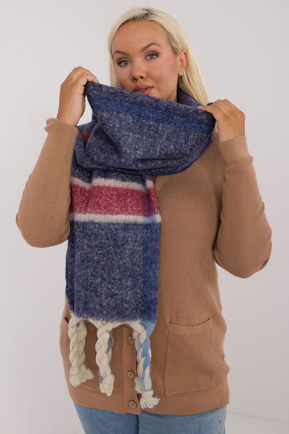 Elegant 180cm long check pattern polyester scarf with tassels by AT, perfect for winter warmth and style.