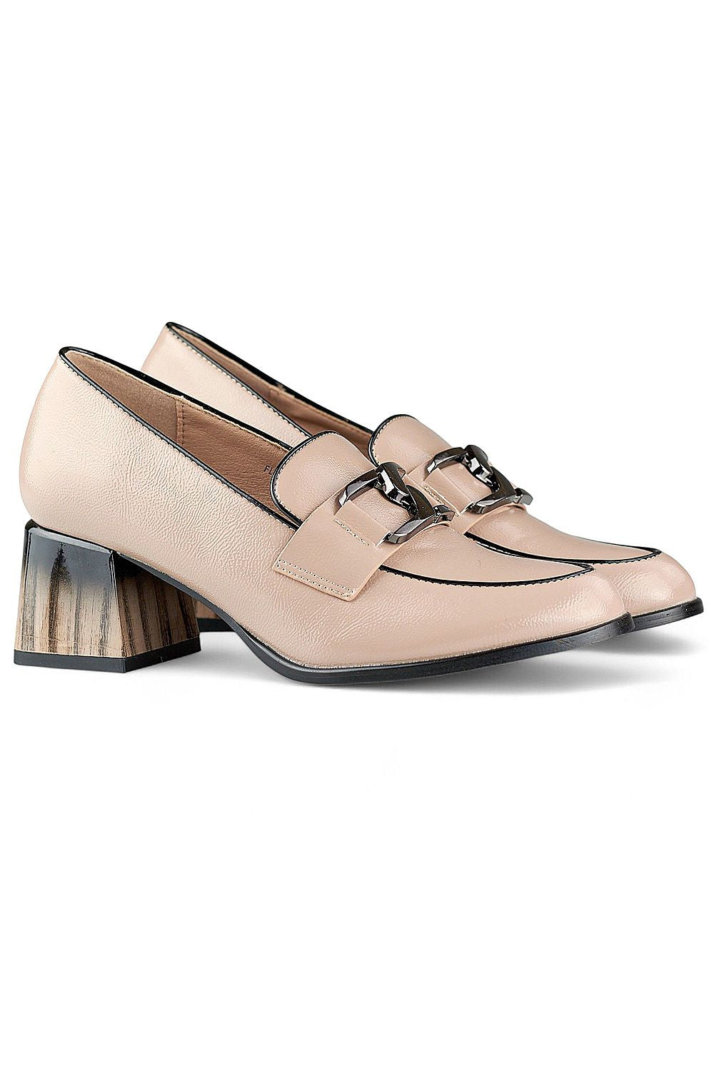 Elegant beige patent leather block heel pumps by PRIMO, featuring a comfortable 5.5 cm stiletto heel, perfect for any formal occasion.