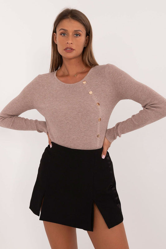 Elegant women's casual sweater with decorative buttons by AT, crafted from a luxurious blend of viscose, polyester, and polyamide, perfect for sophisticated everyday or work wear.