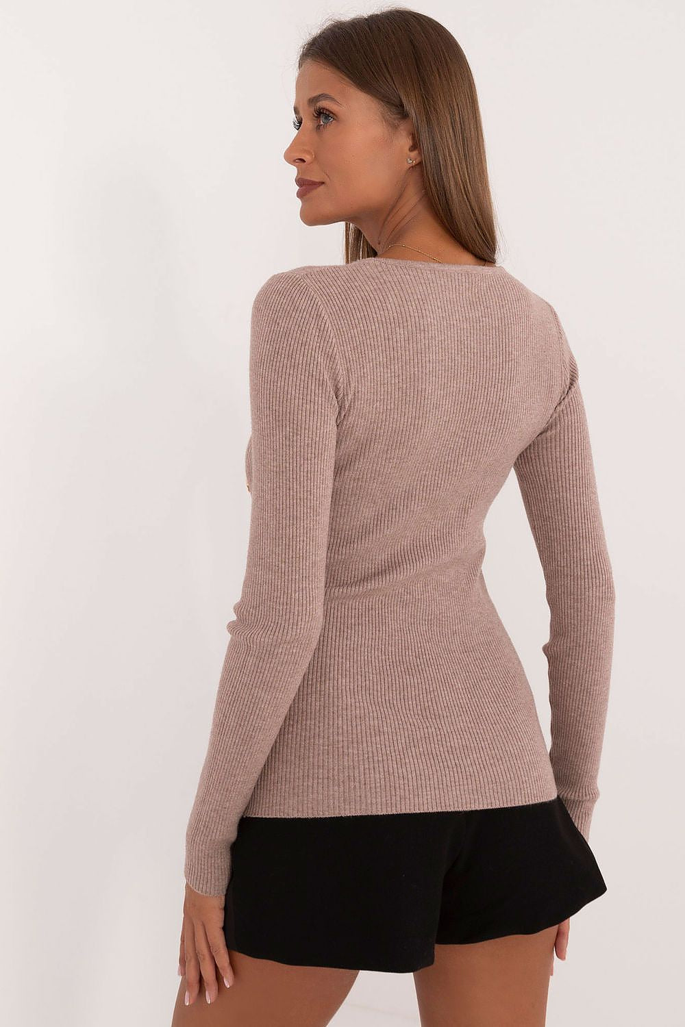 Stylish long sleeve women's sweater by AT, showcasing a classic round neckline and decorative buttons for a refined look.
