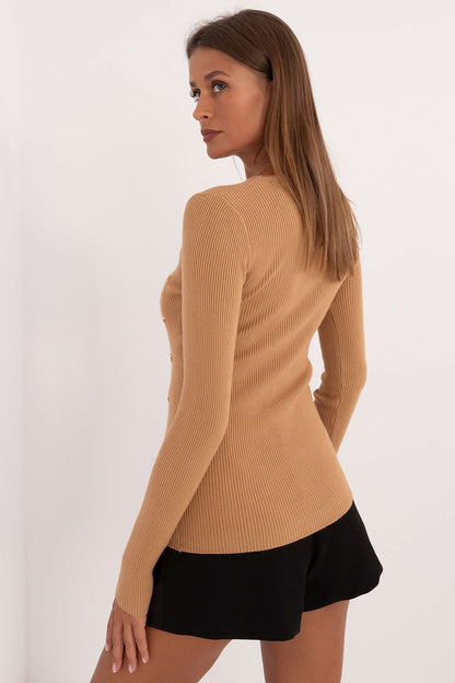 Luxury women's casual sweater by AT, made from a soft viscose blend, featuring a ribbed texture and elegant buttons for a refined appearance.