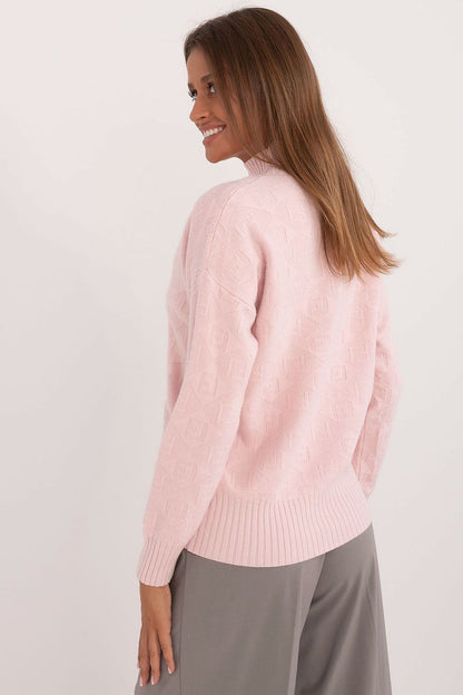 Sophisticated long-sleeve sweater for women, designed by AT, featuring a stylish half turtleneck and a unique textured finish.