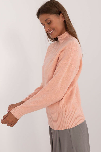 Elegant casual half turtleneck sweater from AT for women, emphasizing comfort and style in a uniquely textured material.