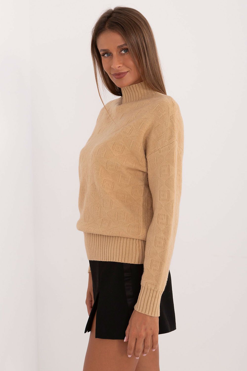 Elegant women's half turtleneck sweater by AT, crafted from a soft and warm acrylic-polyester blend, ideal for cooler weather.