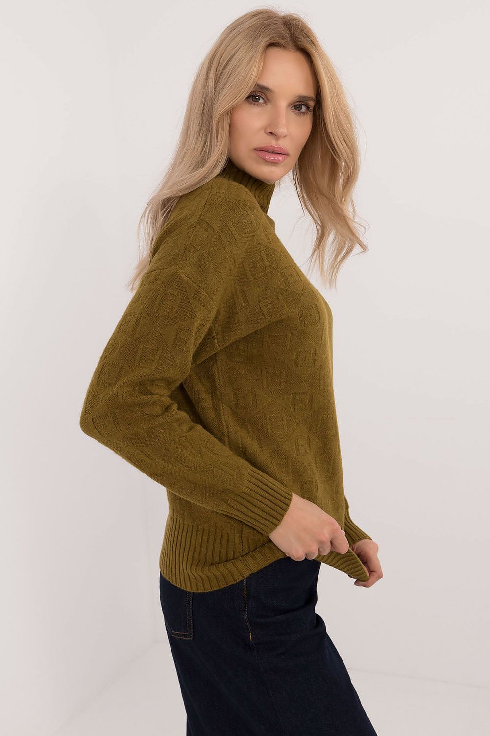 Stylish women's jumper by AT, featuring a half turtleneck design and luxurious fabric, perfect for layering in colder climates.