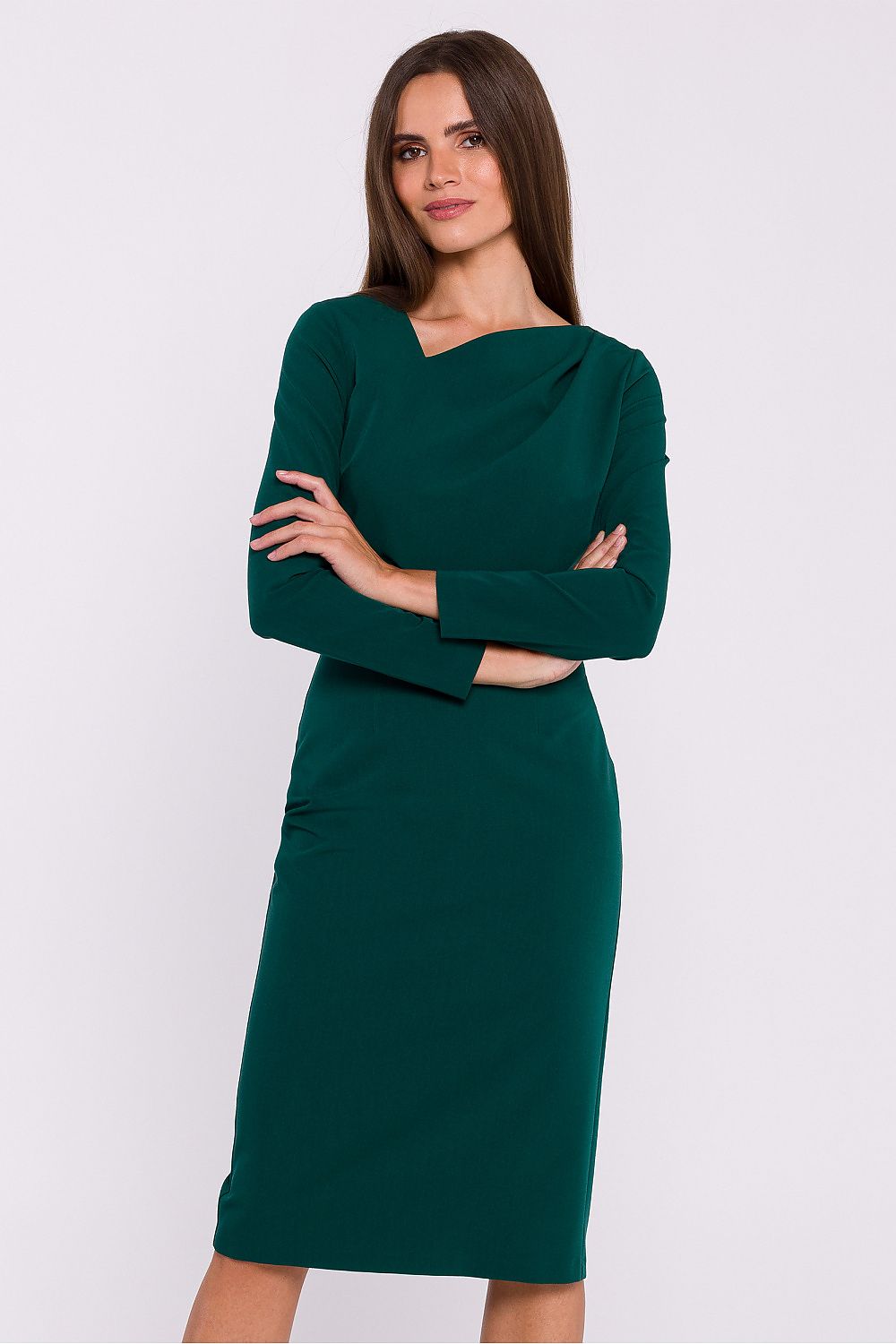 Stylove elegant pencil cut dress with asymmetrical neckline and long sleeves, showcasing a chic silhouette suitable for sophisticated occasions.