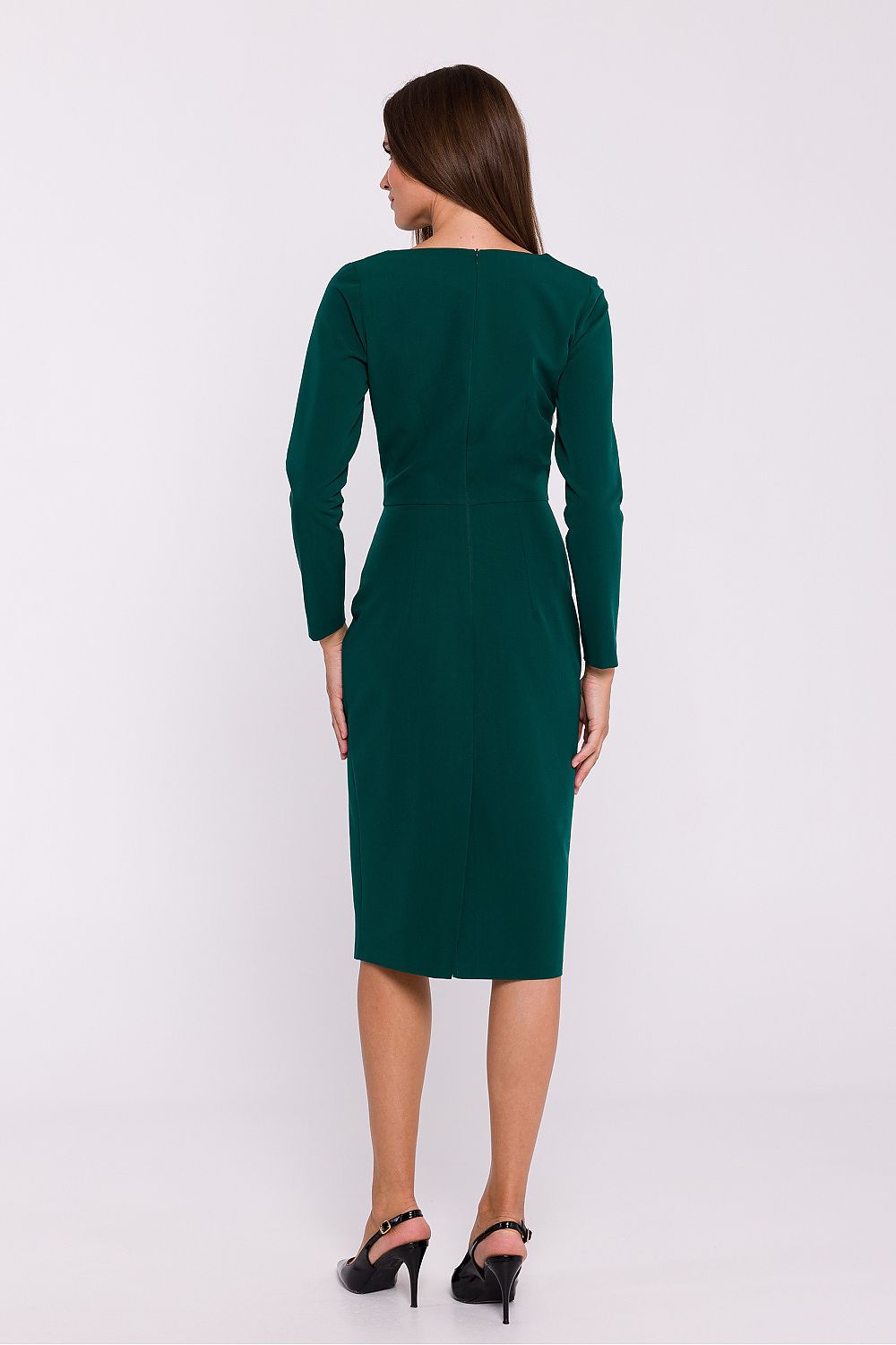 Stylove elegant pencil cut dress featuring an asymmetrical neckline and long sleeves, perfect for a chic evening event.