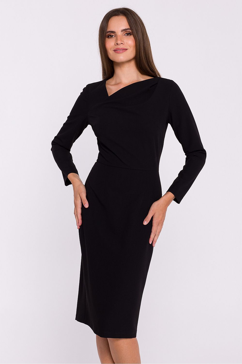 Stylove's classic pencil cut dress styled for a modern look, perfect for formal occasions with its unique asymmetrical neckline.