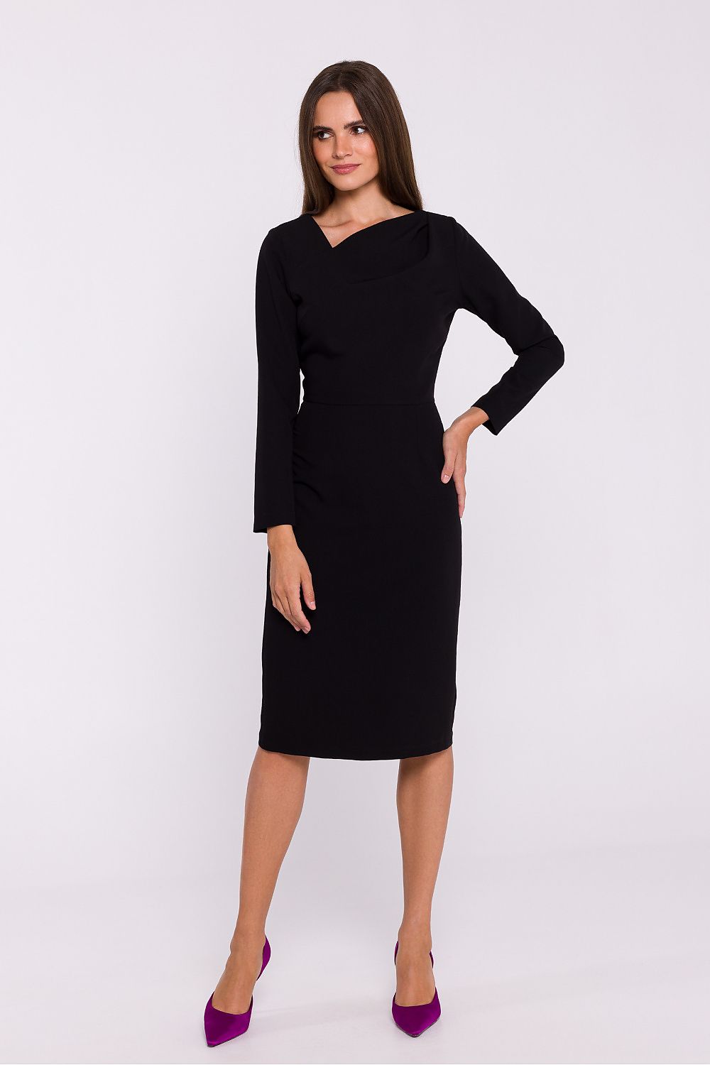 Stylove elegant pencil cut dress showcasing an asymmetrical neckline and long sleeves, perfect for sophisticated occasions.