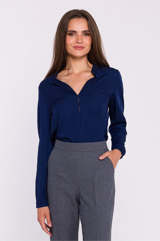 Stylove elegant satin blouse in chic casual style featuring a stand-up collar and decorative stitching, perfect for sophisticated outfits.