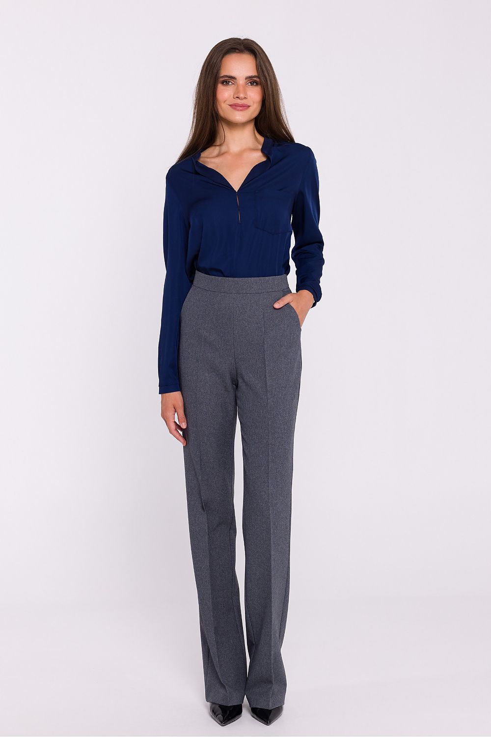 Stylove luxurious satin blouse with long sleeves and one-button cuffs, showcasing exquisite craftsmanship and stylish design elements.