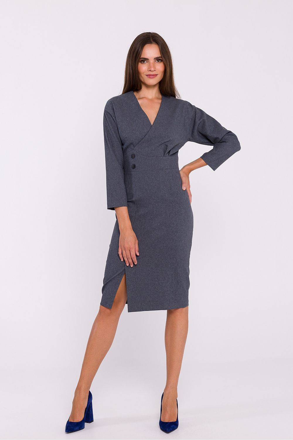Stylove elegant pencil cut day dress with envelope neckline and decorative buttons, showcasing luxurious fabric and sophisticated design.