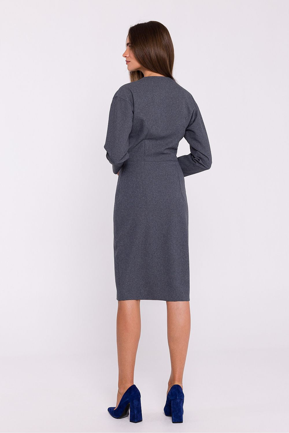 Stylove elegant day dress in pencil cut format with elbow-length sleeves, demonstrating a refined silhouette and tasteful button details.