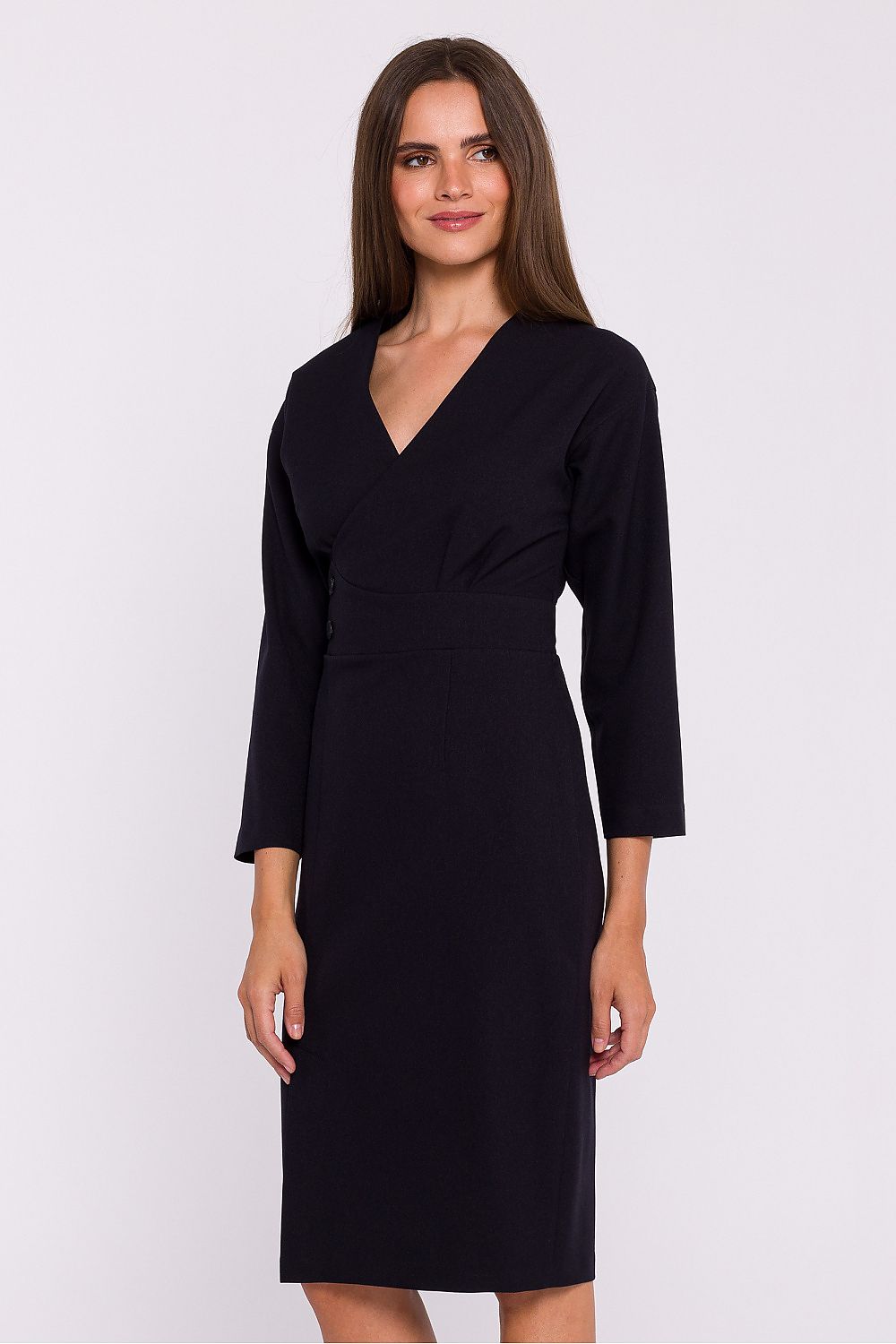 Stylove elegant pencil cut day dress featuring an envelope neckline and decorative buttons, perfect for sophisticated occasions.